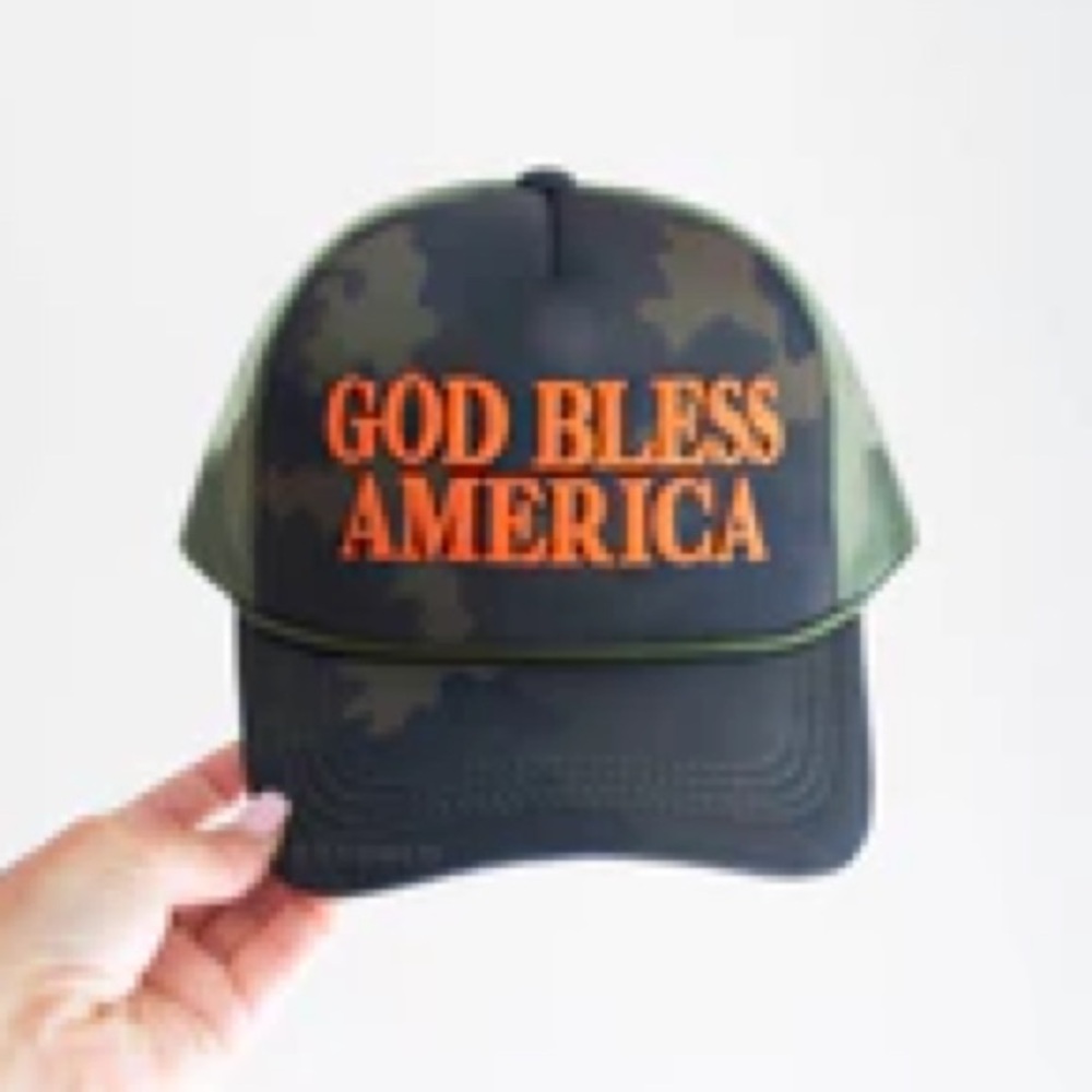 NEW Mens Trucker Hat Baseball Cap OS Camo & Orange God Bless America Camouflage